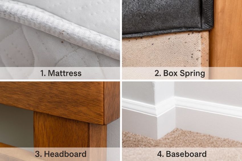 Common bed bug harborages highlighted on a mattress, box spring, headboard, and baseboard.