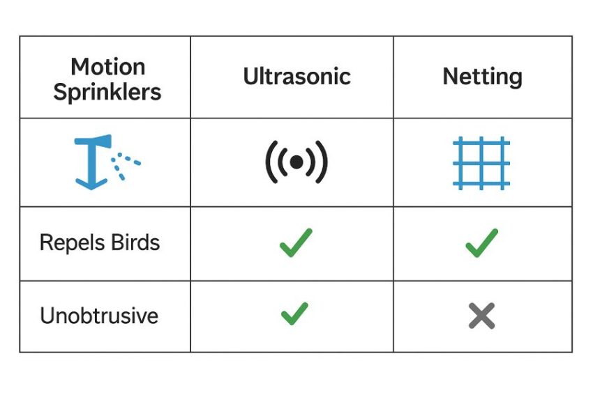 Comparison chart of deterrent types: motion sprinklers, ultrasonic cues, and bird netting