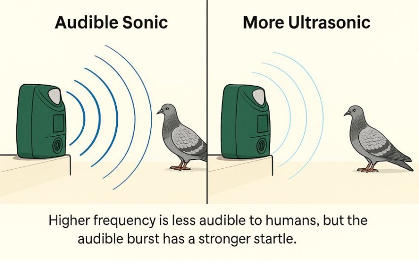 Comparison of audible sonic versus more ultrasonic settings on a bird repeller with human audibility note