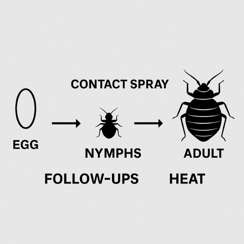 Contact spray plus scheduled follow-ups and heat to address eggs and stages.