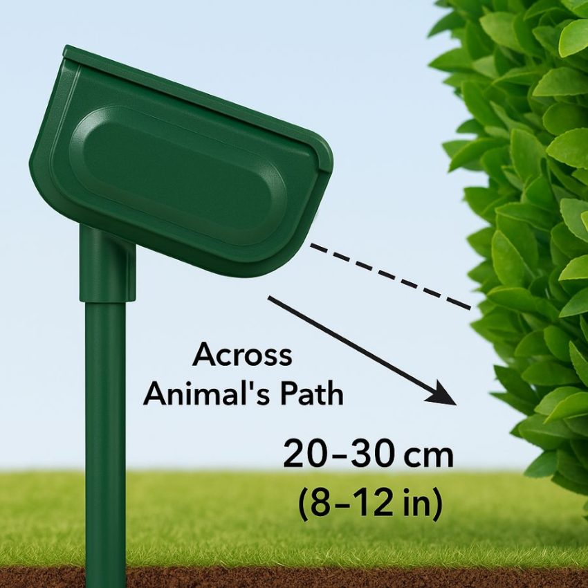 Correct repeller height about 20–30 cm above ground and aimed across the animal’s path.