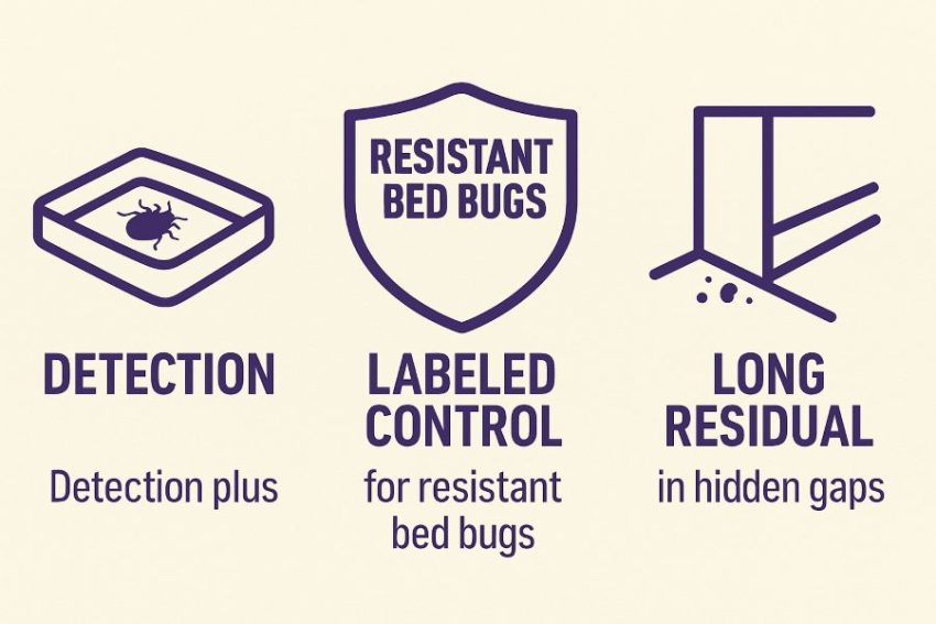 Detection plus labeled control for resistant bed bugs and long residual in hidden gaps.