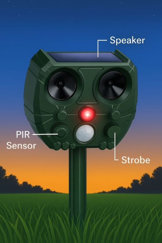 Diagram of a solar ultrasonic repeller showing solar panel, PIR sensor, speaker, and strobe