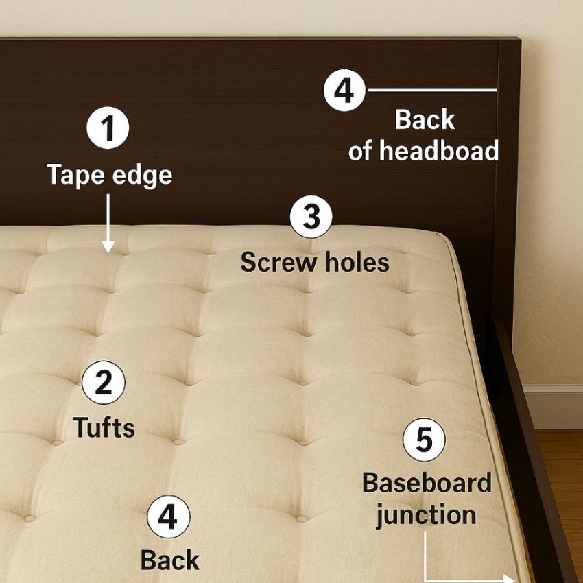 Diagram of bed bug inspection hotspots around a bed and headboard