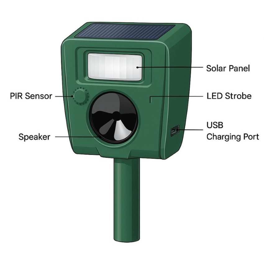 Diagram of ultrasonic repeller labeled PIR sensor, speaker, LED strobe, solar panel, and USB charging port