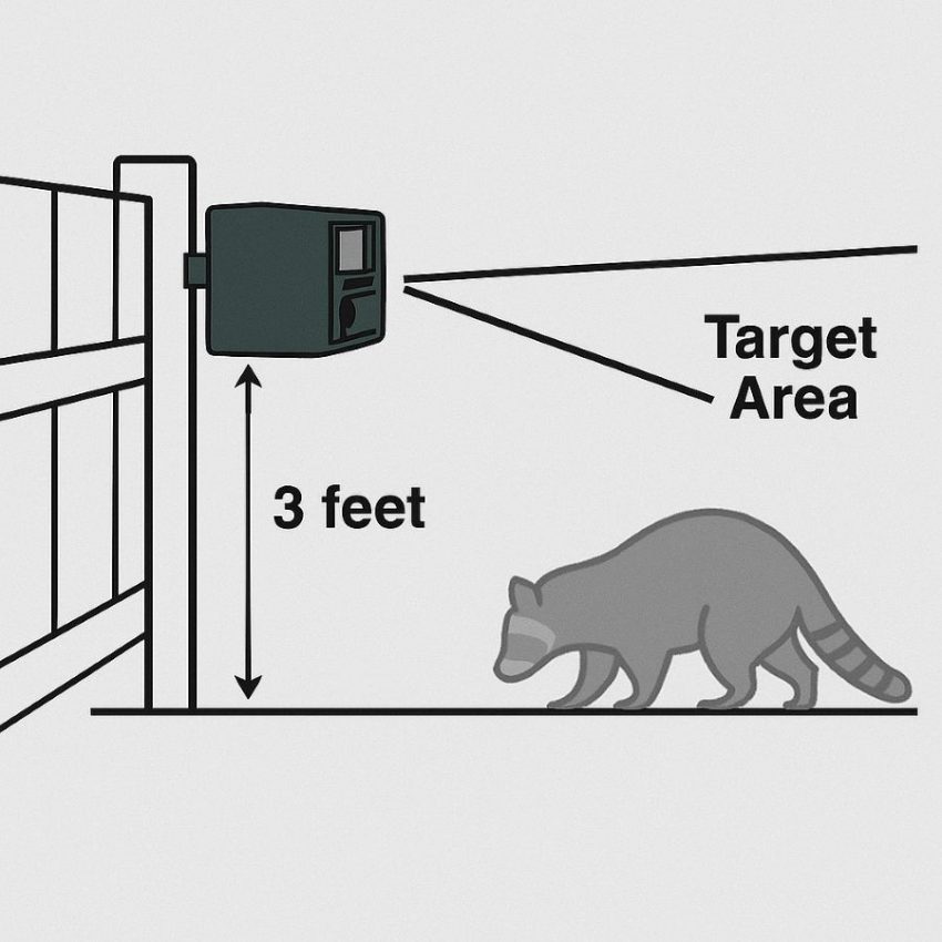 Diagram showing Yard Gard mounted three feet high and aimed level for best coverage