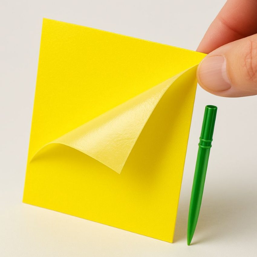 Dual-sided yellow sticky trap being peeled at the corner to show adhesive on both faces.