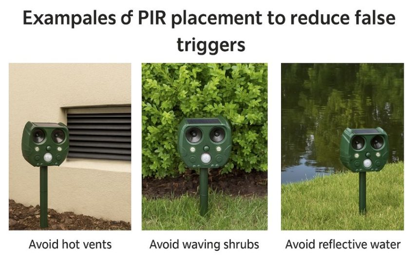 Examples of PIR placement to reduce false triggers from heat or moving foliage.