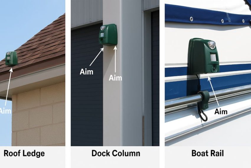 Examples of correct TSBR620 placement on roof ledge, dock column, and boat rail with aim arrows