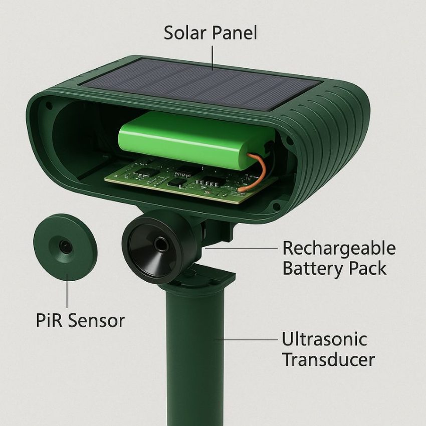 Exploded view labeling PIR sensor, ultrasonic transducer, control board, rechargeable battery pack, and solar panel