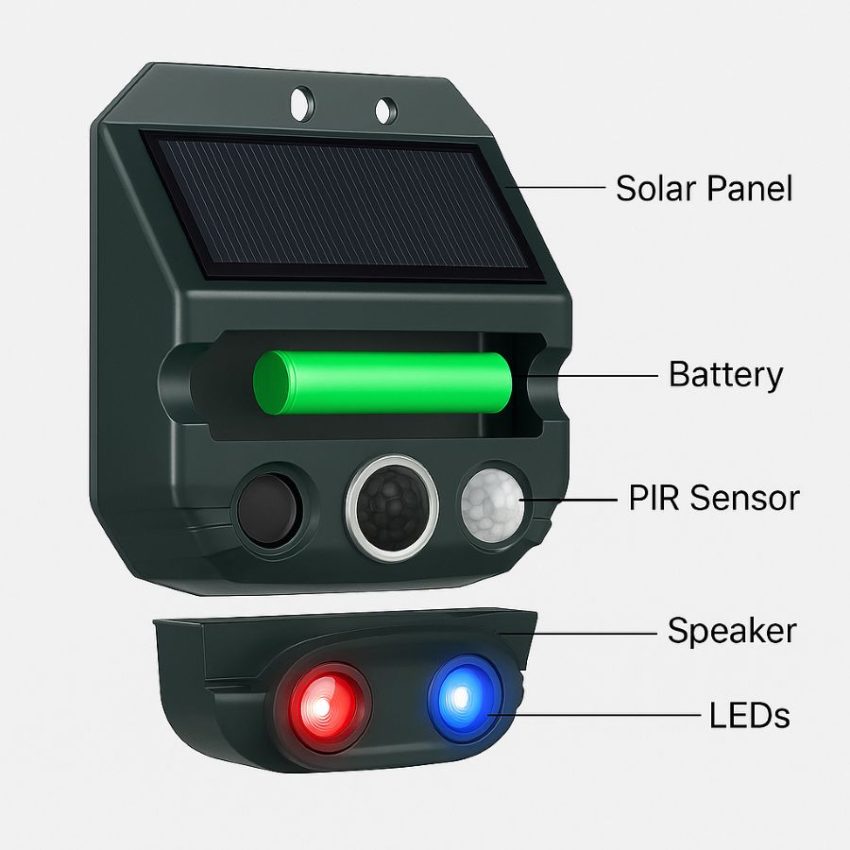 Exploded view labeling the solar panel, battery, PIR sensor, speaker, and LEDs in a solar ultrasonic animal repeller