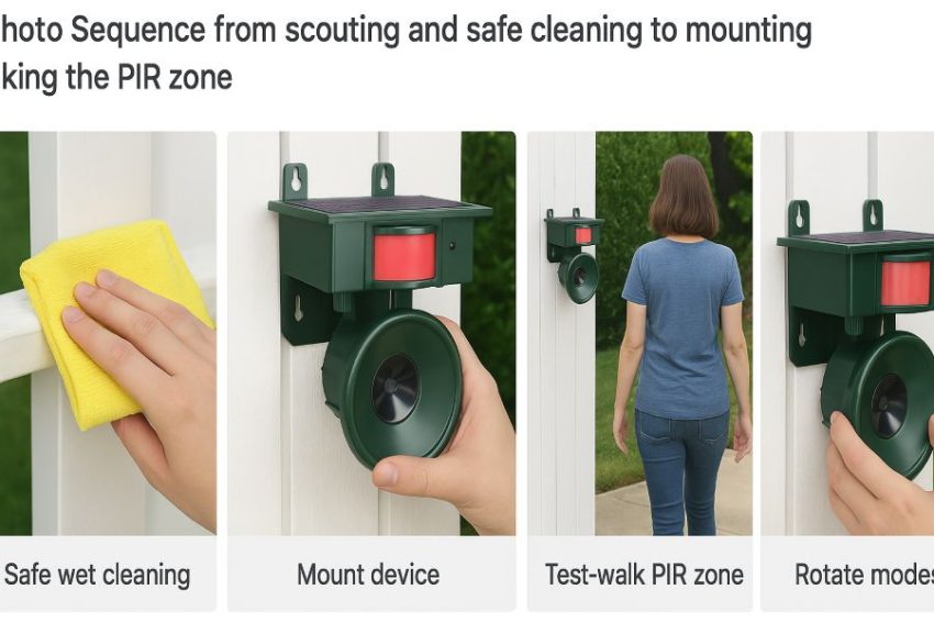 Five-step photo sequence from scouting and safe cleaning to mounting and test-walking the PIR zone