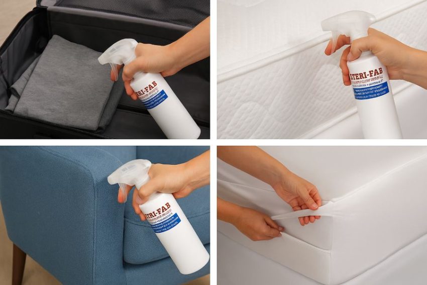Four frames showing luggage, mattress seam, chair seam spray, then encasement installation