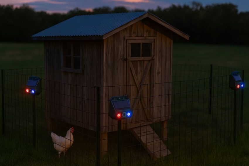 Four solar ultrasonic predator-light units placed at chicken-coop corners, facing outward toward approach lanes