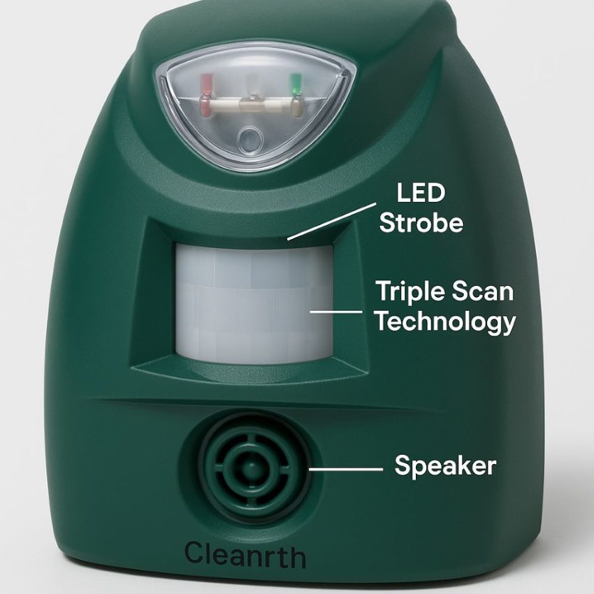 Front view of Cleanrth TSBR620 with labeled strobe, motion sensor, and speaker