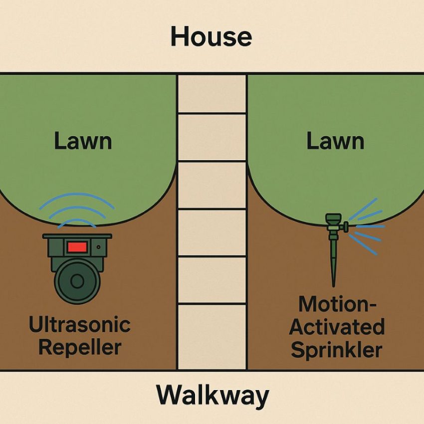 Garden plan using an ultrasonic repeller on one side and a motion-activated sprinkler on the other