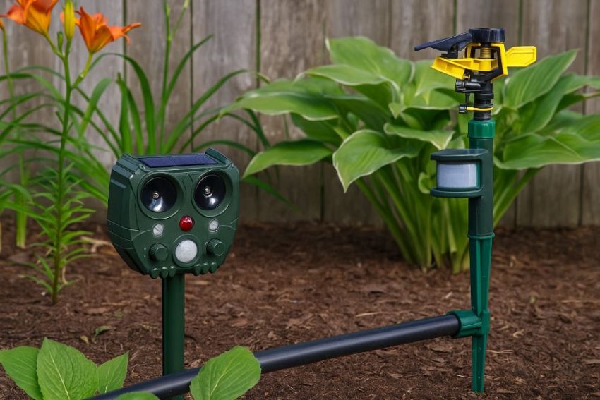 Garden setup using repeller with motion sprinkler for layered deterrence