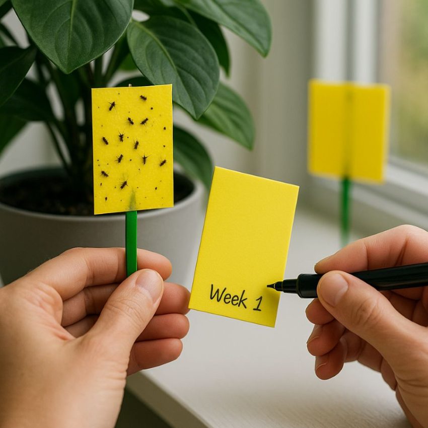 Gardener replacing a full yellow sticky card and dating the new card for weekly monitoring.