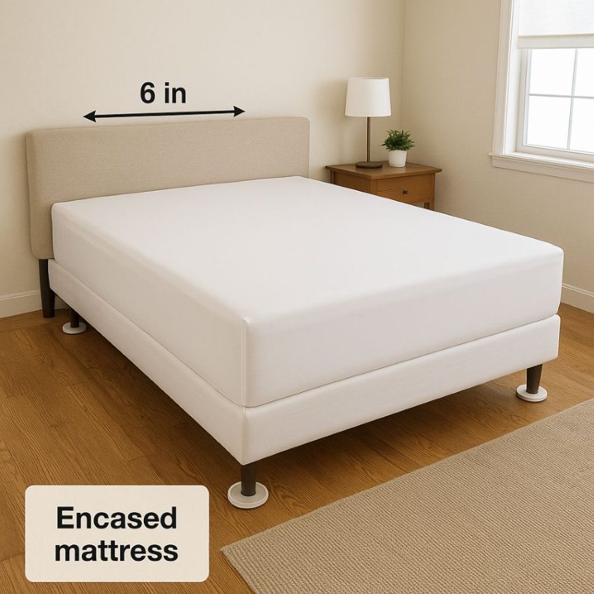 Guest room with encased mattress, bed pulled from wall, interceptor cups under each leg.