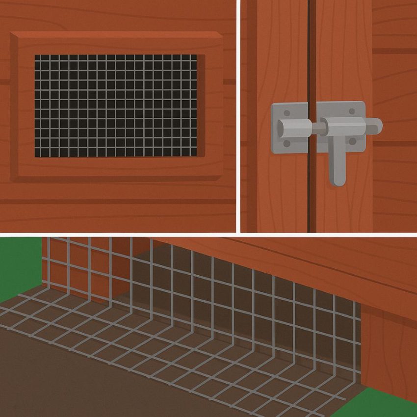 Half-inch hardware cloth on coop openings with a buried skirt to stop digging predators