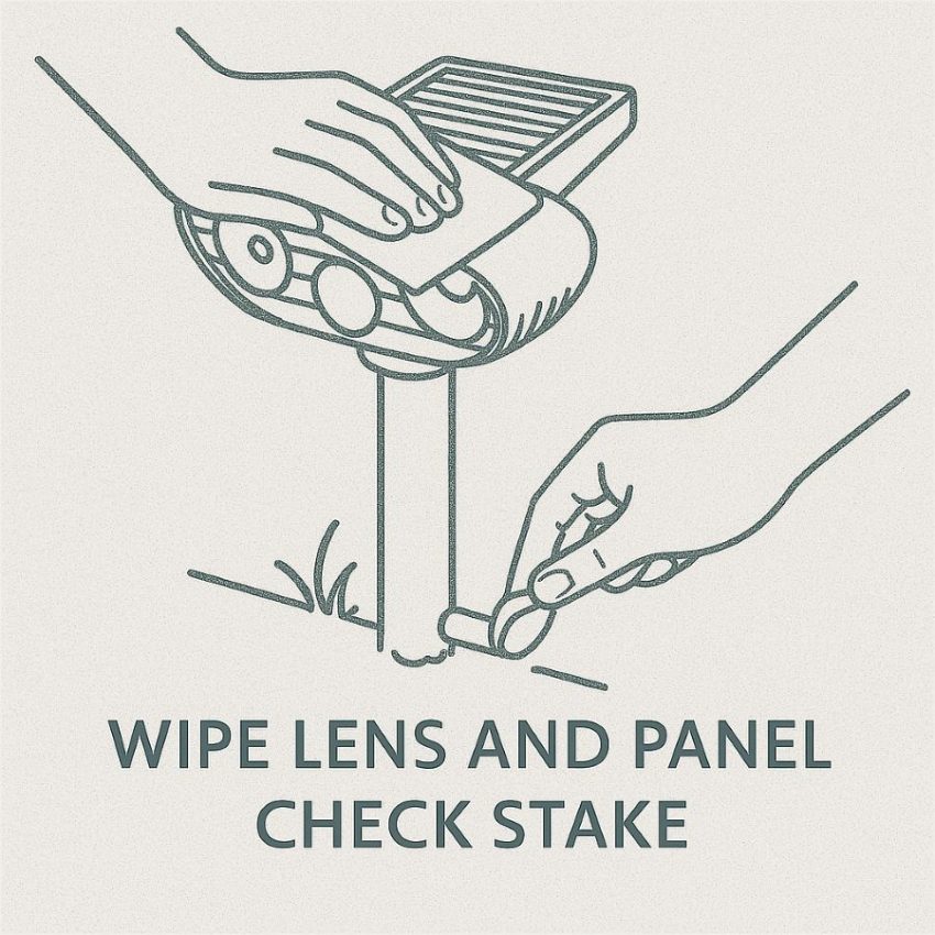 Hand wiping the PIR lens and solar panel, checking stake stability, and sealing the USB port cap