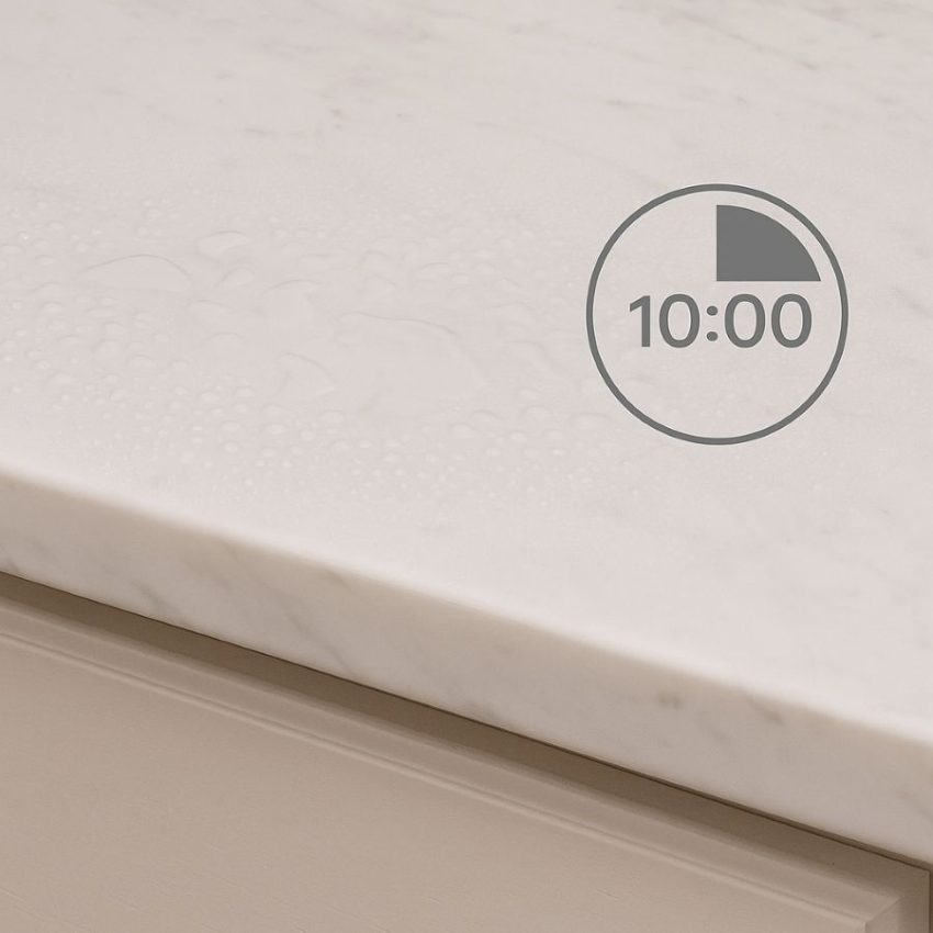 Hard surface kept visibly wet with a ten-minute timer for labeled disinfection.