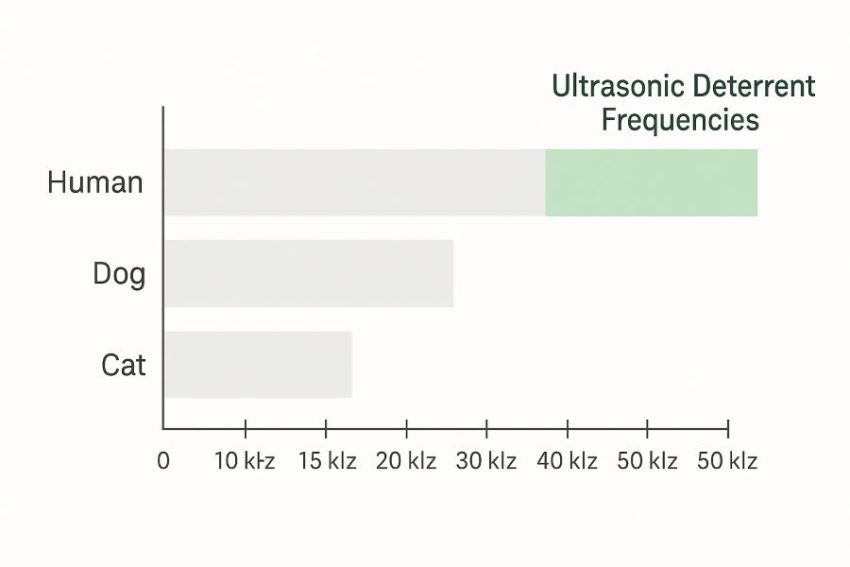 Hearing range bars for humans, dogs, and cats with ultrasonic deterrent frequencies highlighted