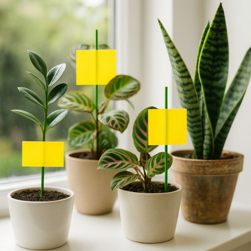 Houseplants on a bright windowsill with yellow sticky traps placed at soil level and at canopy height to catch adult gnats and whiteflies.