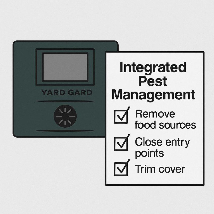 Illustrated checklist showing sanitation and exclusion steps to use with Yard Gard.