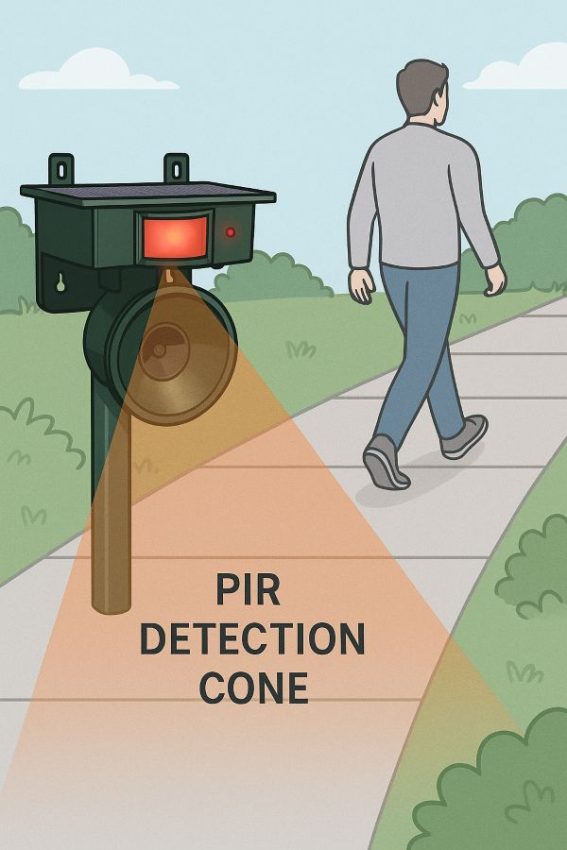 Illustration of a PIR motion sensor cone covering a path, showing where movement triggers the device