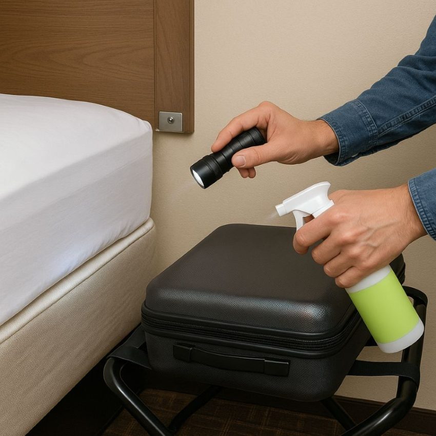 Inspect hotel mattress and headboard; treat luggage seams before unpacking
