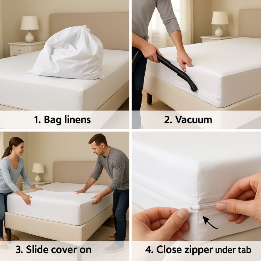 Install sequence. Bag linens, vacuum, slide cover on with help, close zipper under tab