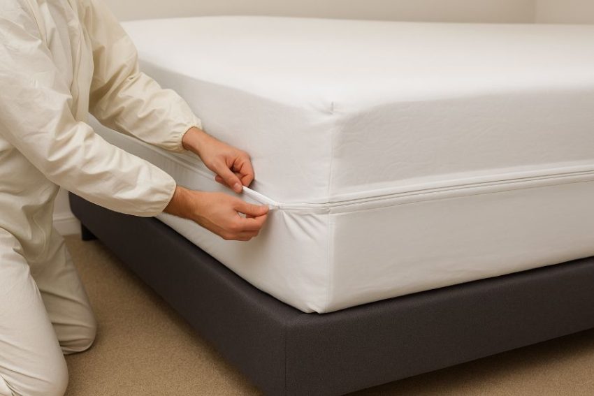 Installing bed encasements and making the bed so sheets do not touch the floor