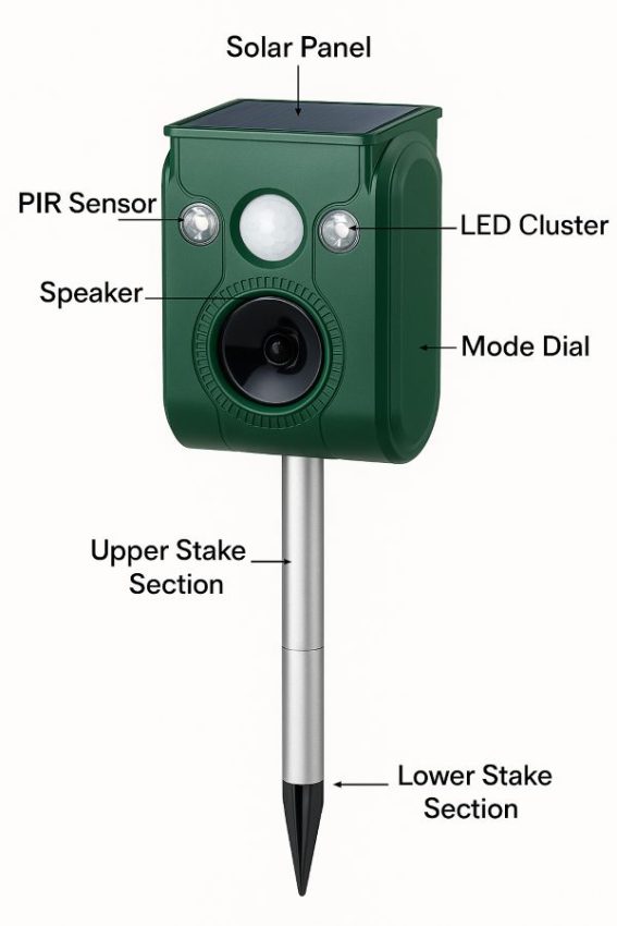 Labeled close-up of solar ultrasonic animal repeller showing PIR sensor, LEDs, speaker, controls, and solar panel