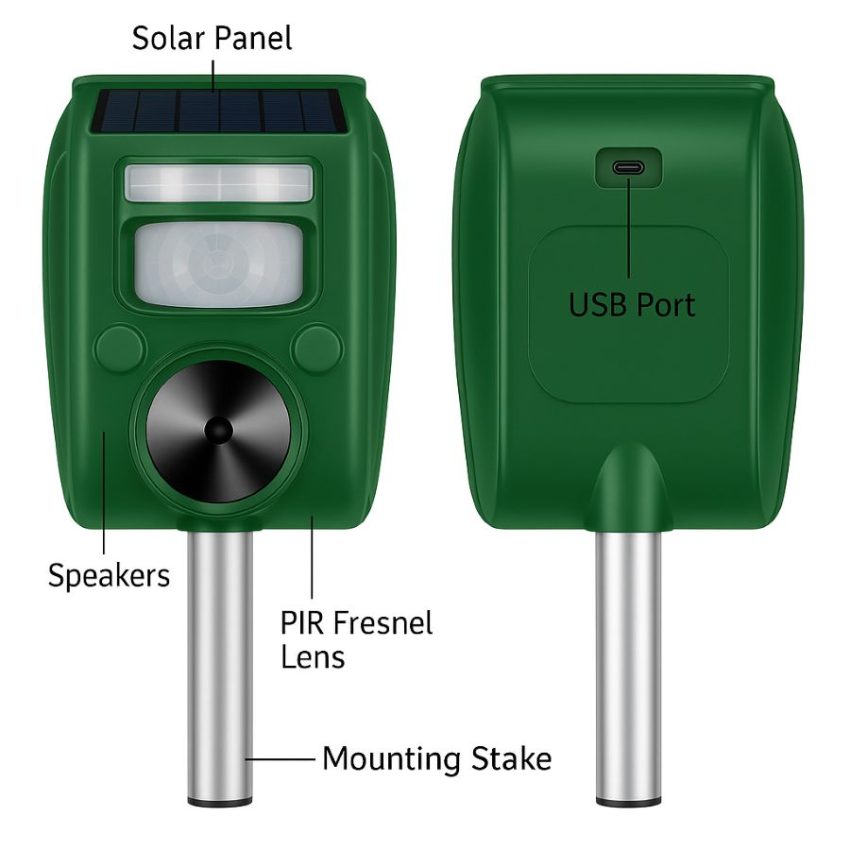 Labeled close-up of solar ultrasonic animal repeller showing solar panel, PIR Fresnel lens, speakers, and USB port