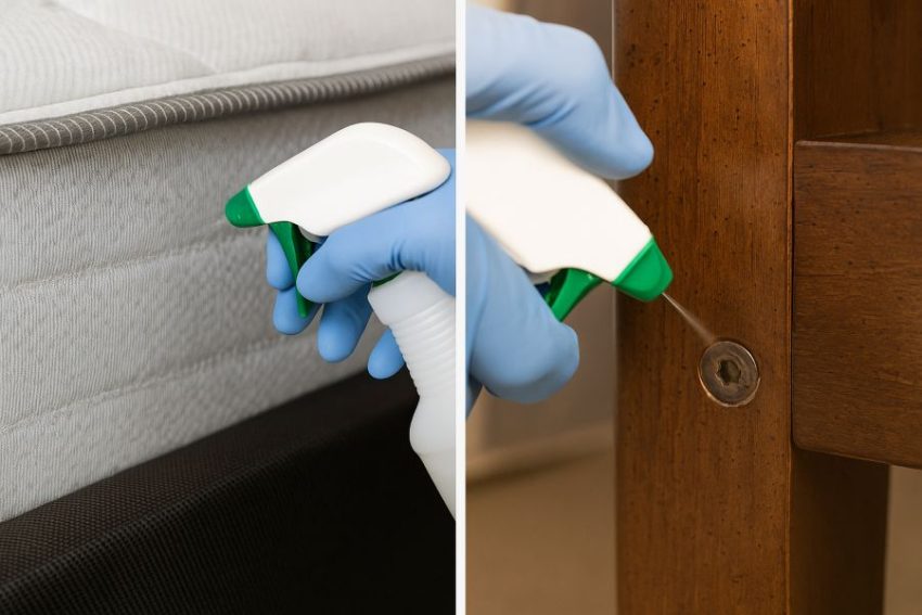 Light, precise contact spray along mattress seam and bed frame joints
