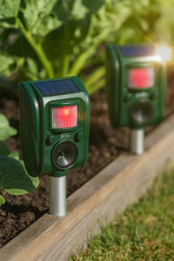 Lulu Home solar ultrasonic animal repeller two pack installed beside raised garden bed with sunlight on the solar panel
