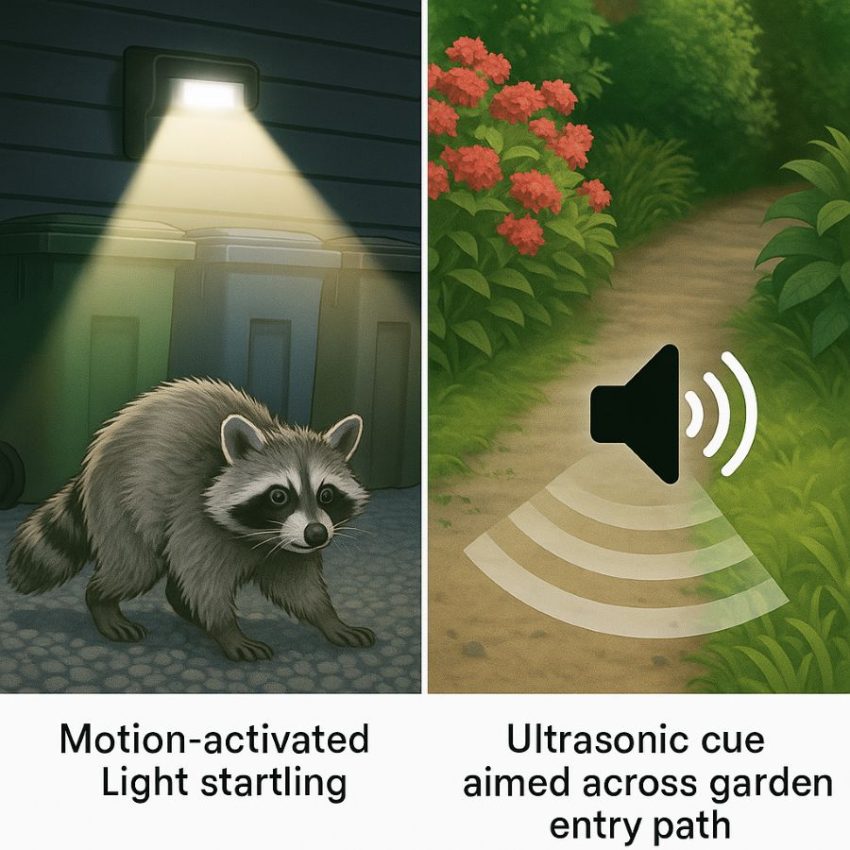 Motion-activated light startling a raccoon near bins, and ultrasonic cue aimed across a garden entry path.