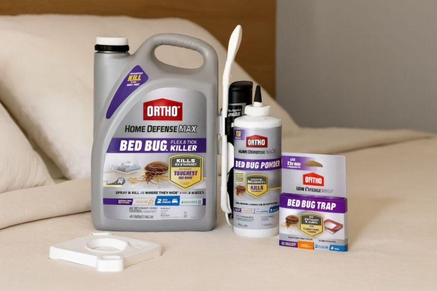 Ortho Home Defense Max 3-Step Bed Bug Solution System: traps, Comfort Wand spray, and crack-and-crevice powder on a prepared bed.