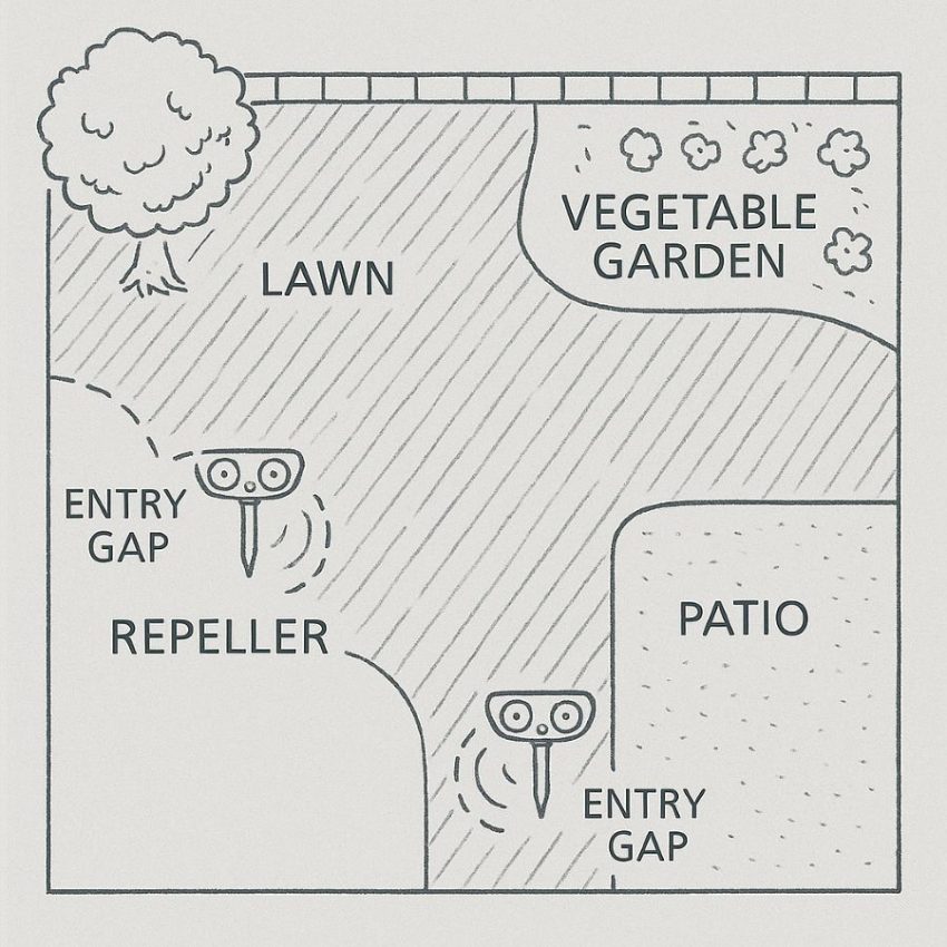 Overhead sketch of a typical yard with two entry gaps highlighted and recommended repeller positions.