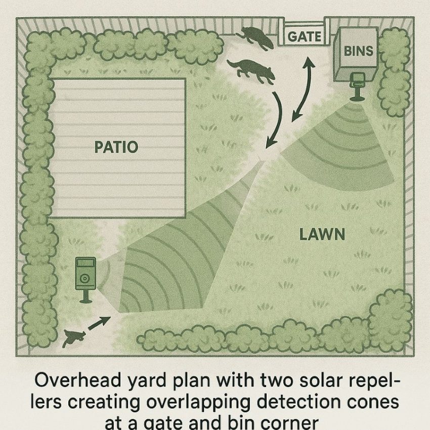 Overhead yard plan with two solar repellers creating overlapping detection cones at a gate and bin corner
