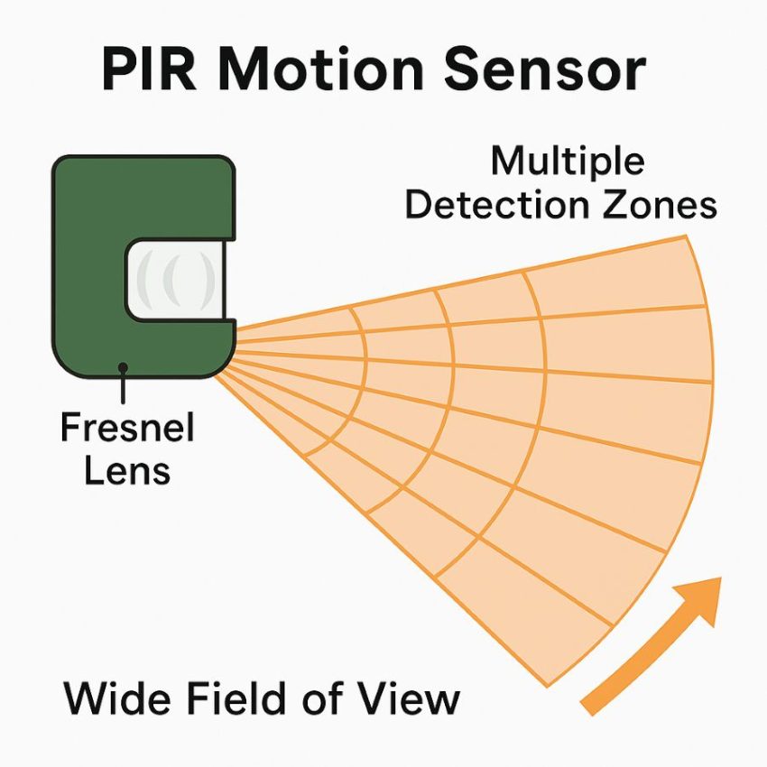 PIR motion sensor with Fresnel lens creating multiple detection zones and a wide field of view.