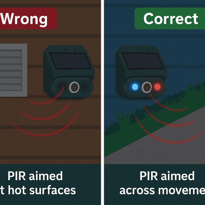 PIR sensor aimed across likely movement for better triggering versus pointed at hot surfaces