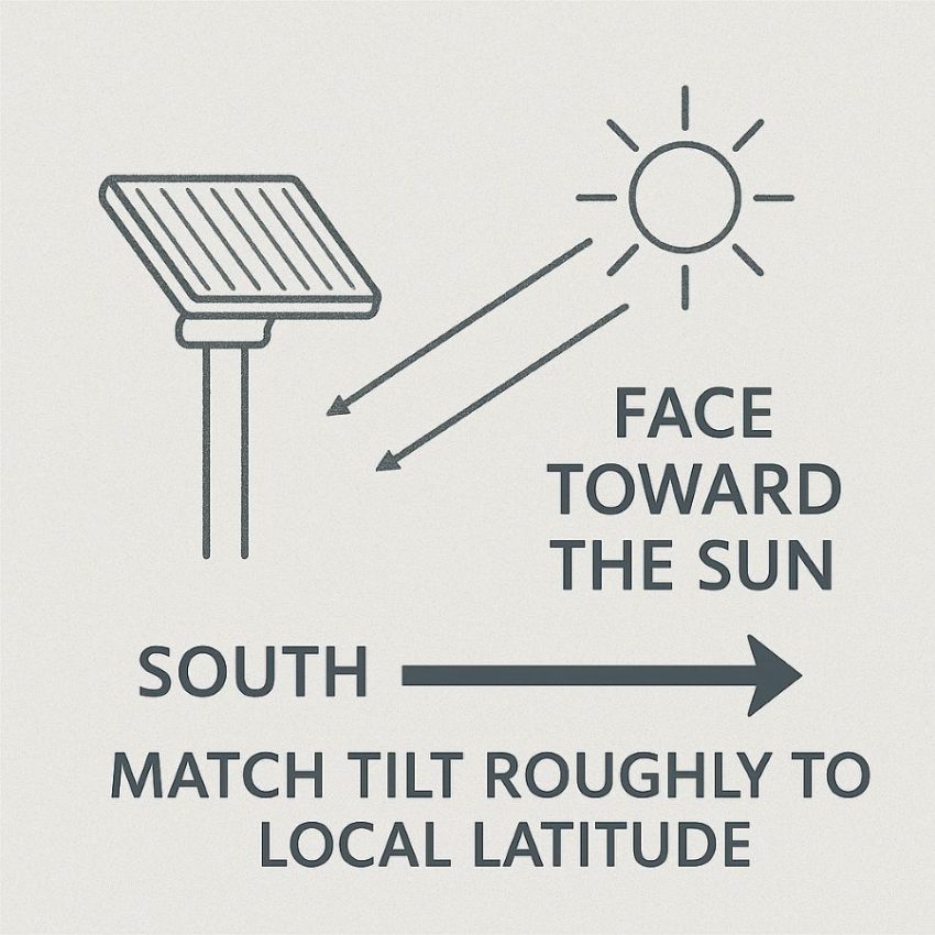 Panel tilted toward the sun with a south-facing arrow and a note to match tilt roughly to local latitude