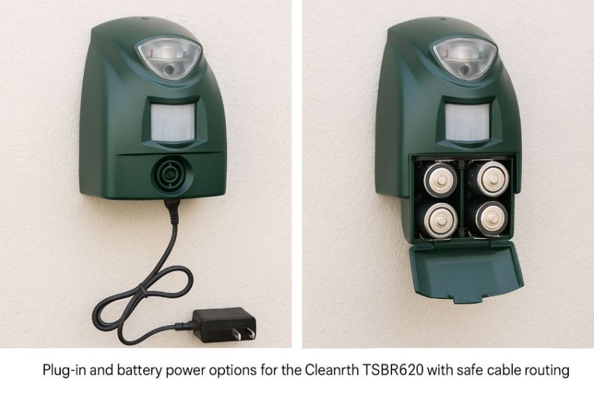 Plug-in and battery power options for the Cleanrth TSBR620 with safe cable routing