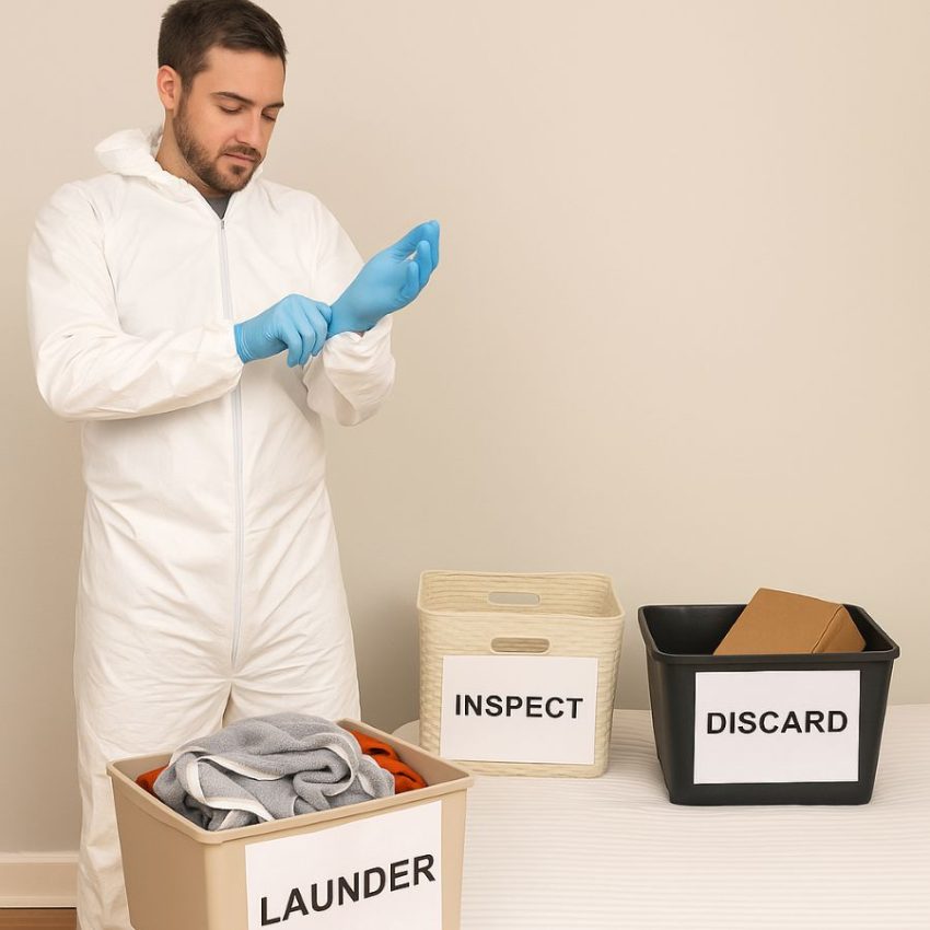 Putting on coveralls and sorting items before treatment
