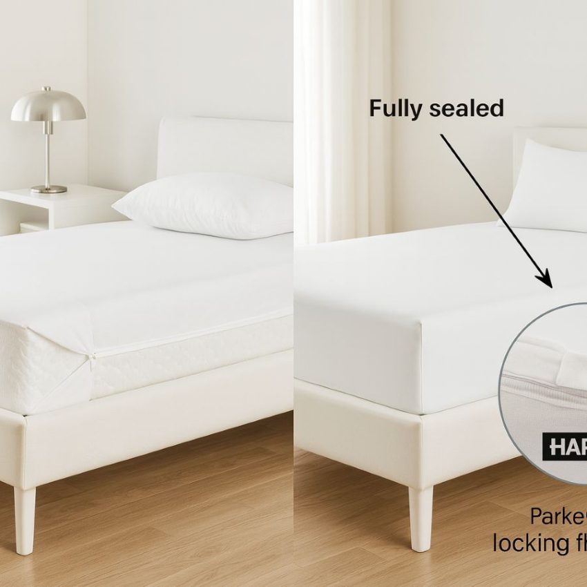 Queen mattress fully encased in Harris bed bug proof cover with zipper parked under locking flap