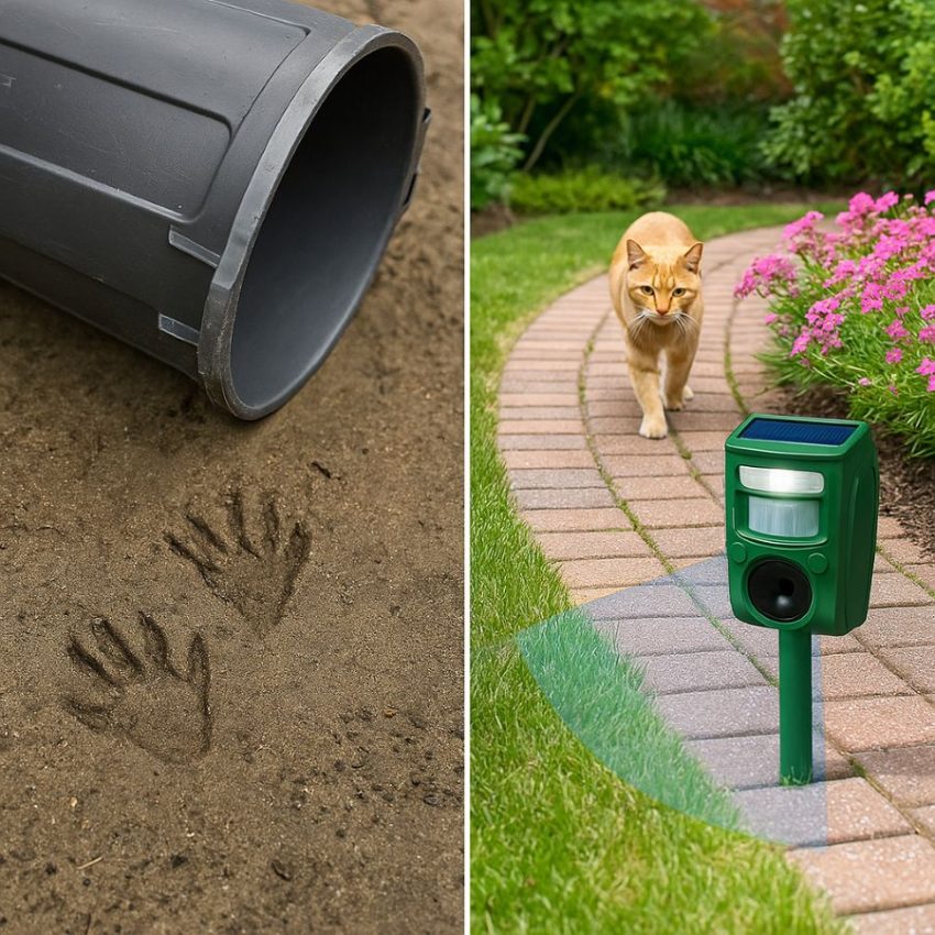 Raccoon tracks near a bin and a repeller aimed across a cat entry gap into a flower bed