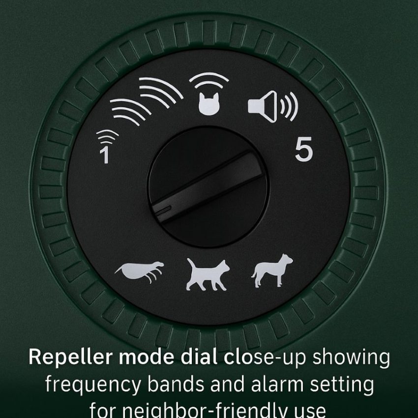 Repeller mode dial close-up showing frequency bands and alarm setting for neighbor-friendly use