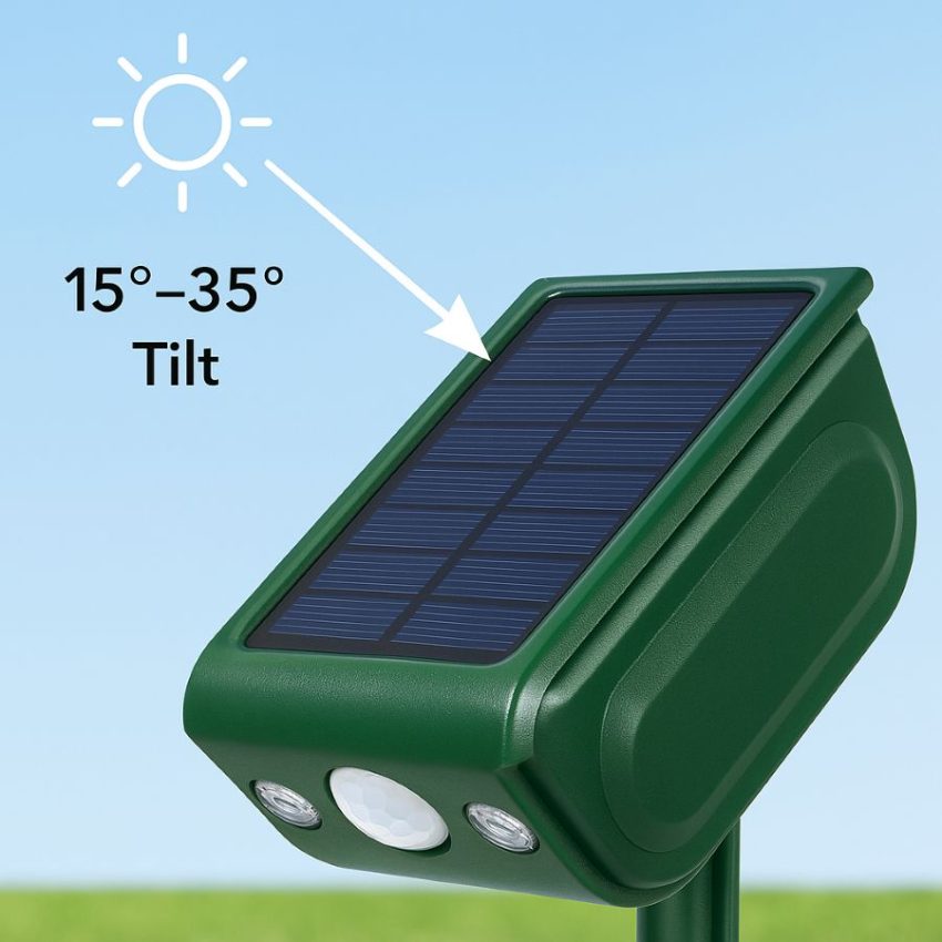 Repeller’s solar panel angled toward the sun with recommended modest tilt for better charging